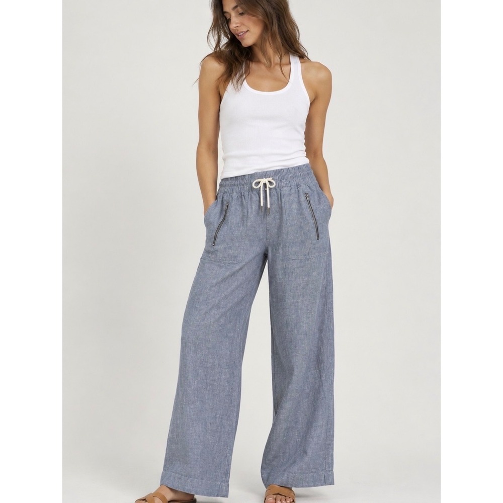Athleta Cabo Linen Wide Leg Pant Sz 10 Blue Chambray Elastic Waist Womens